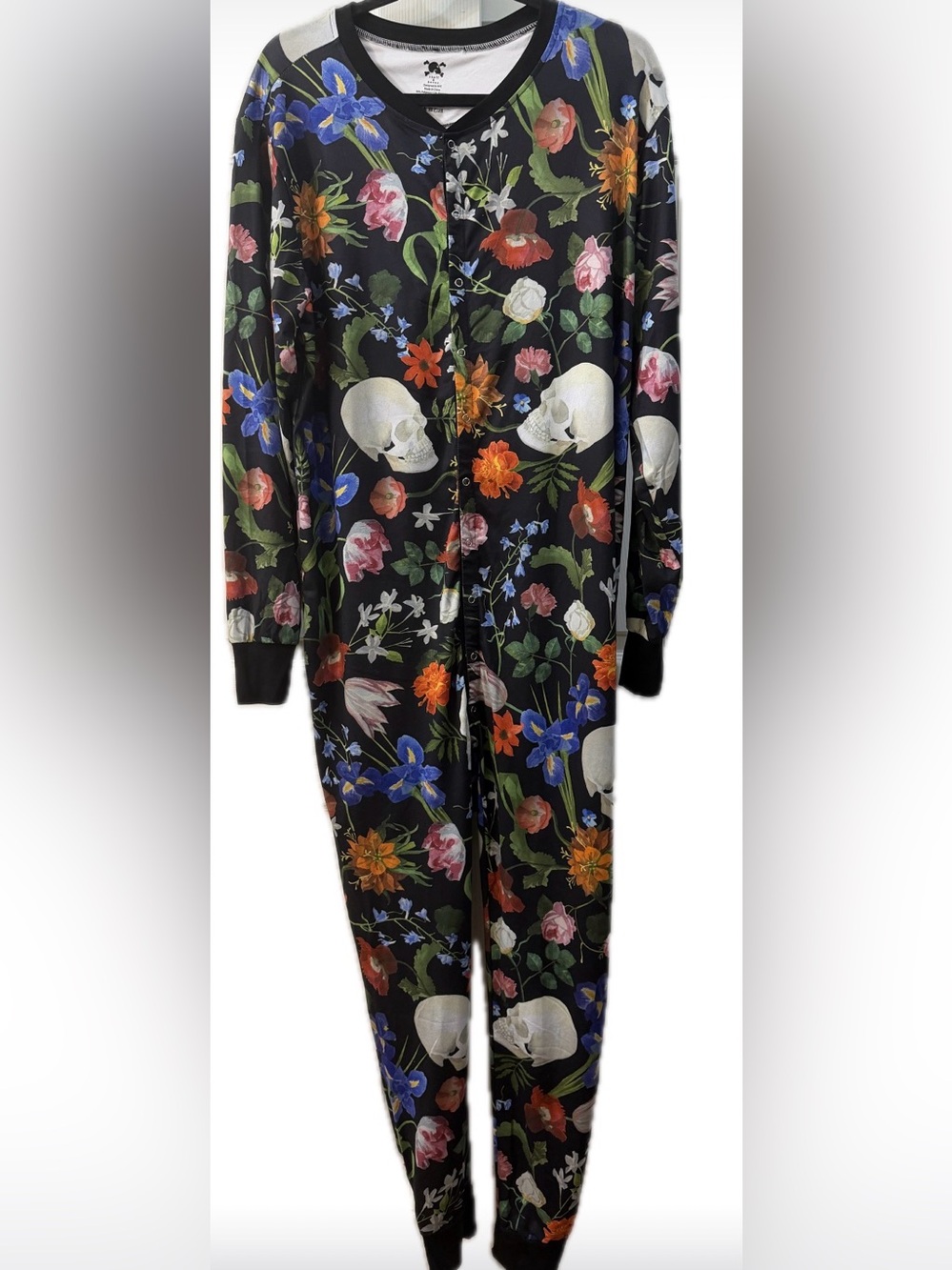 Unisex Black Floral HAND-PAINTED DUTCH FLORAL & Skull Pajama onesie size large